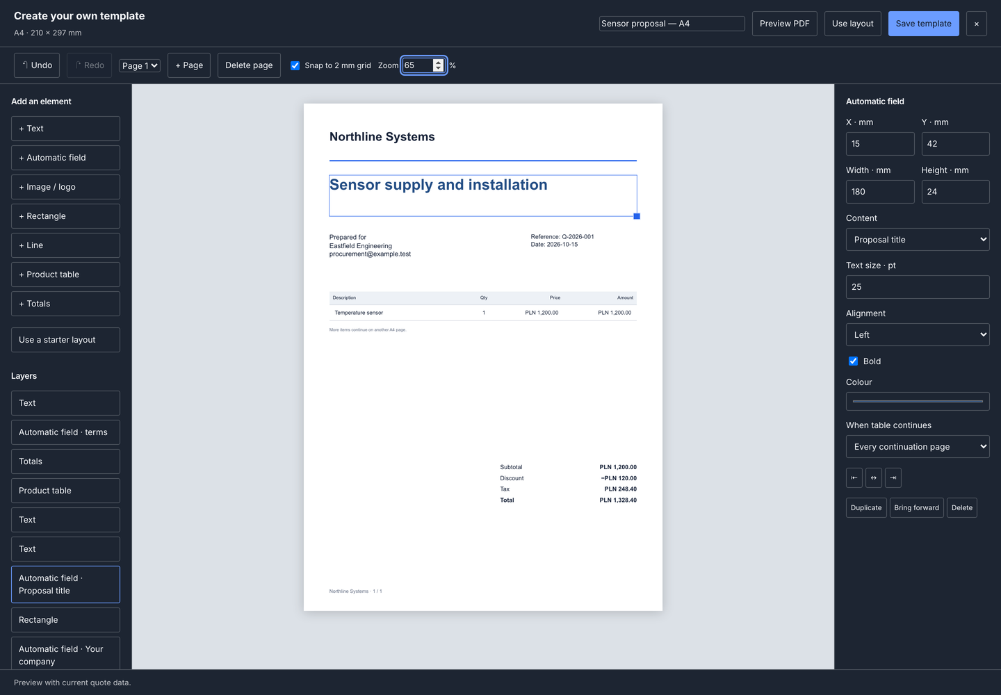 Actual Klyo A4 template designer with draggable elements, automatic client fields, product table, layers and exact position controls