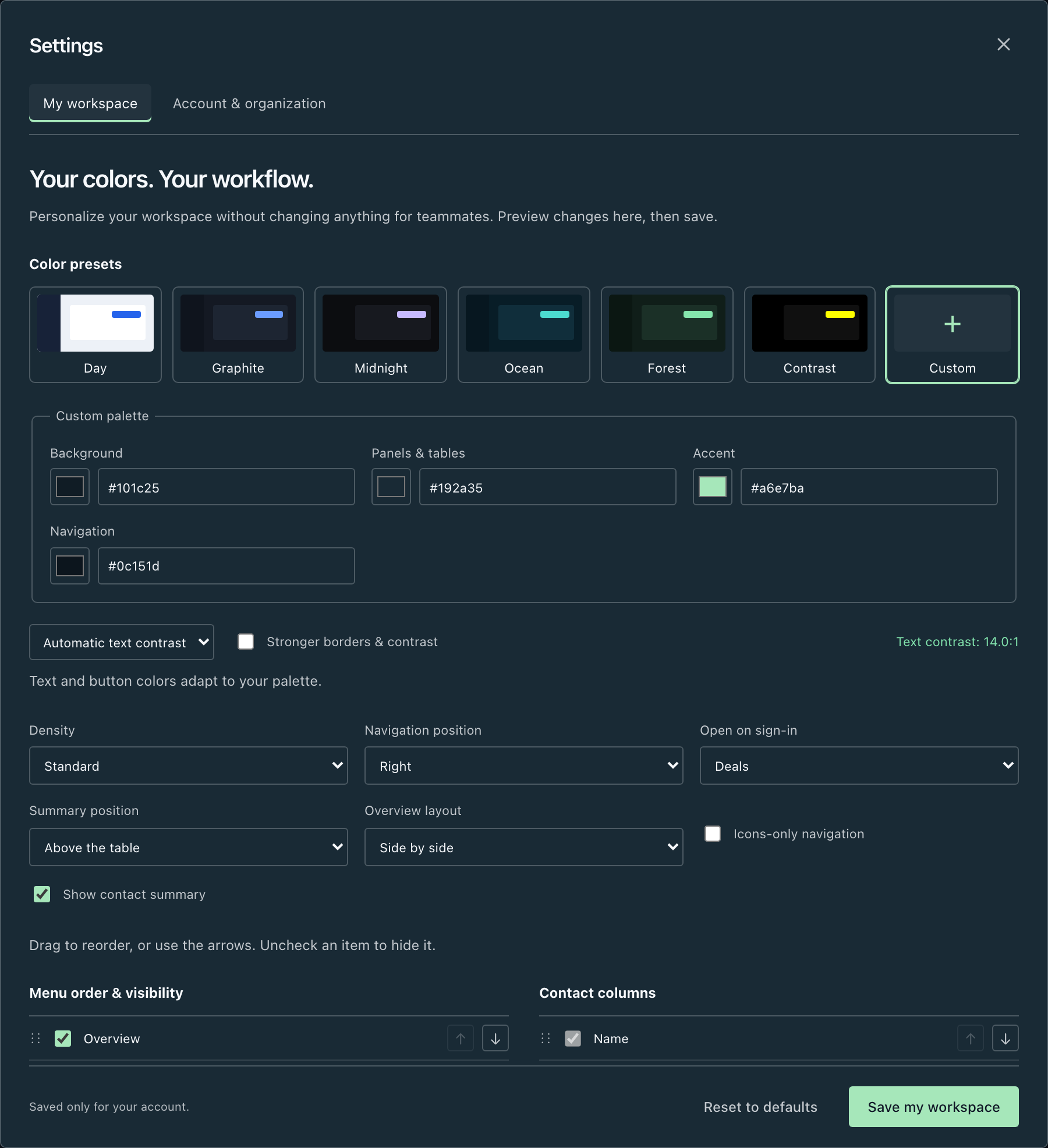 Klyo personal workspace settings for custom colours, contrast, density and layout