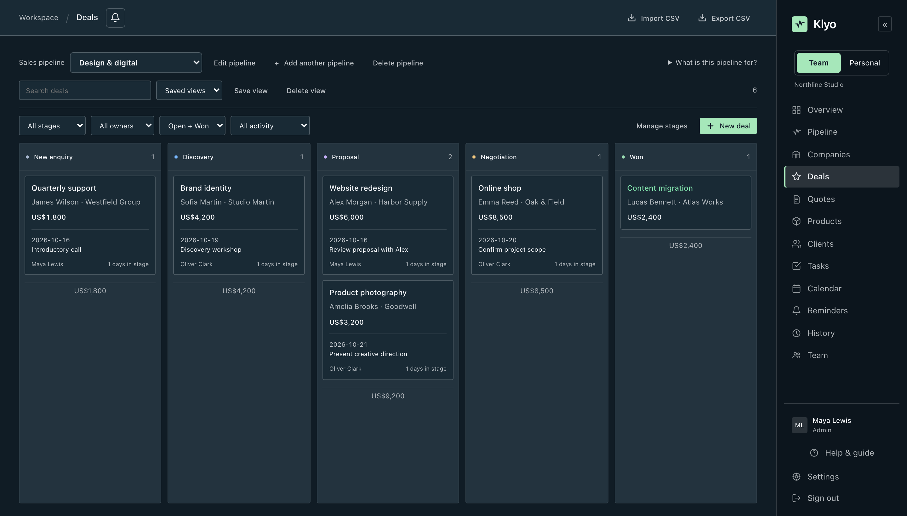 Klyo deals with a personal dark palette and navigation on the right